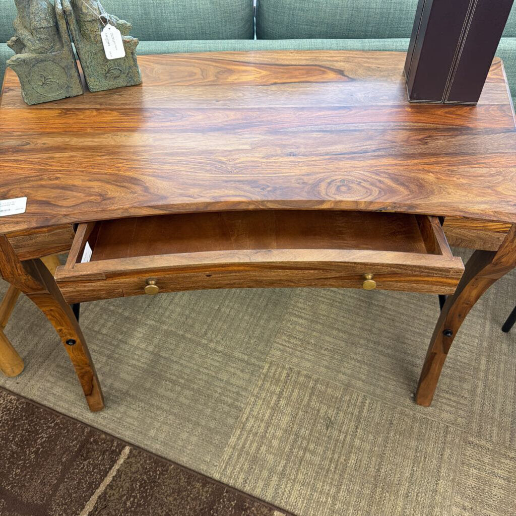 Wooden bench with a drawer on a carpeted floor