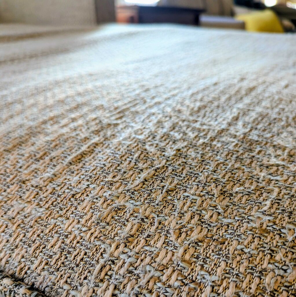 Close-up of a textured beige and brown carpet