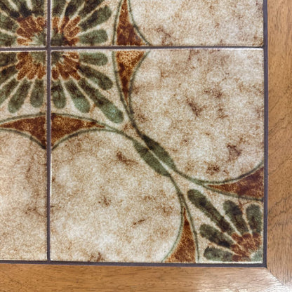Close-up of decorative tiles with floral pattern on wooden floor