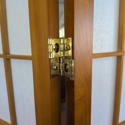 Wooden room divider with white panels in a store setting