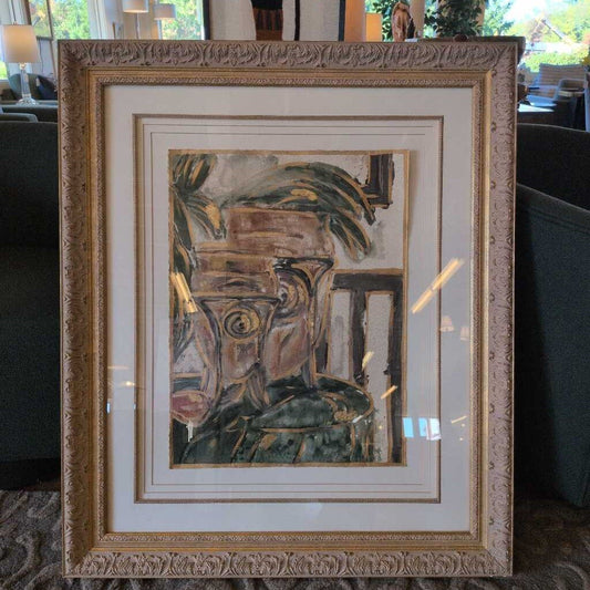 Framed artwork of a still life scene with a chair and vase on a table.