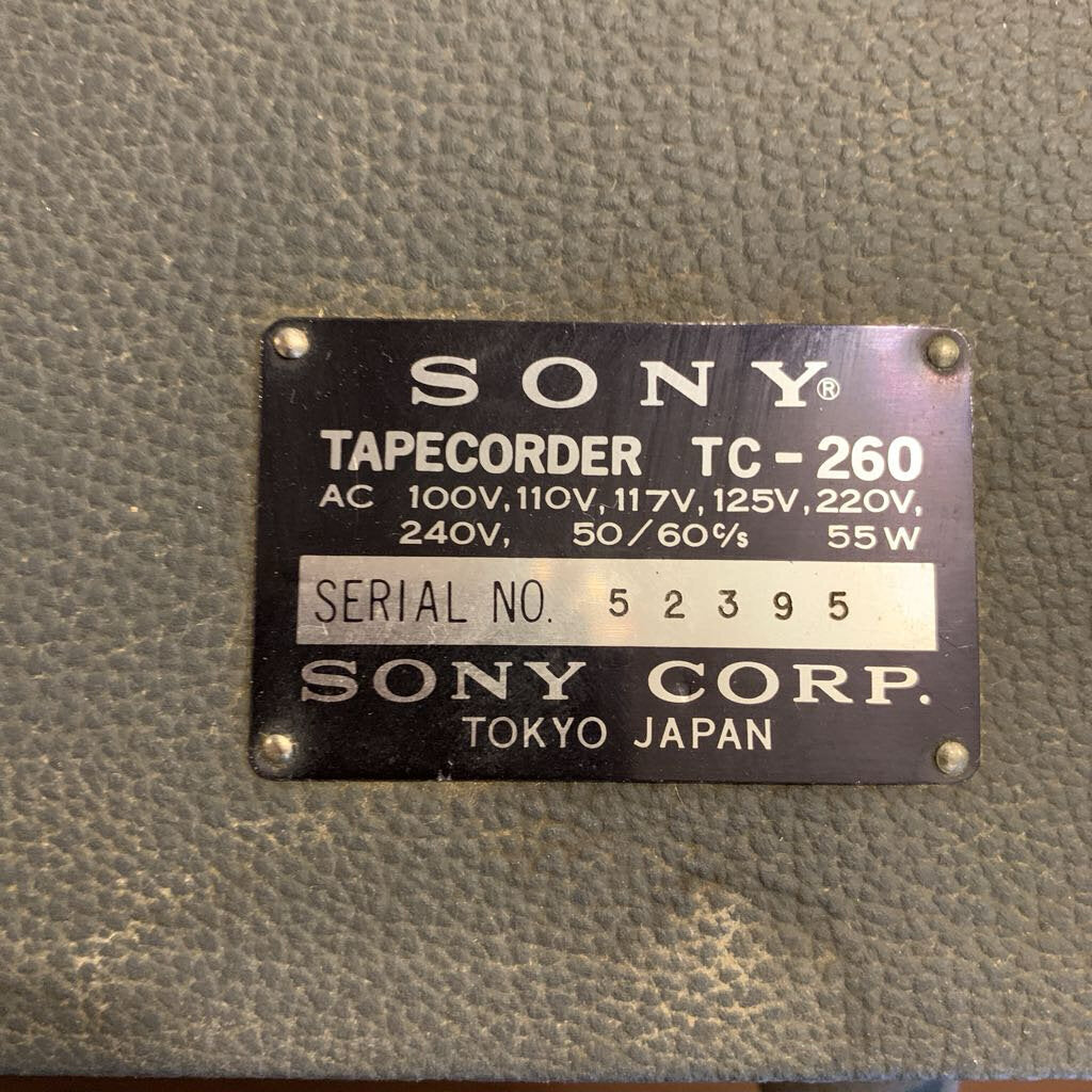 Sony tape recorder TC-260 label on a textured surface