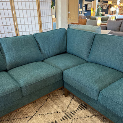 Teal sectional sofa in a room with a rug and decorative elements.