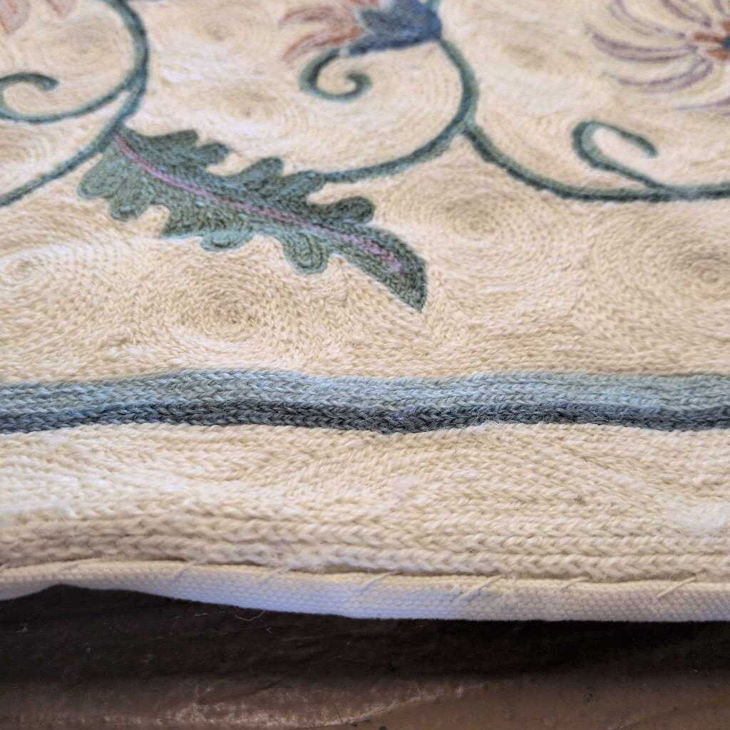 Close-up of a textured fabric surface with floral patterns