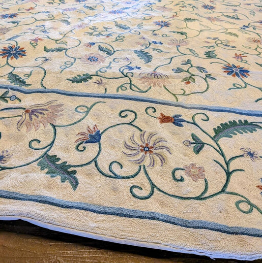 Close-up of a floral embroidered fabric with intricate patterns on a wooden surface.