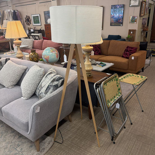 Living room with gray sofa, brown couch, and various decor items including a lamp and globe.