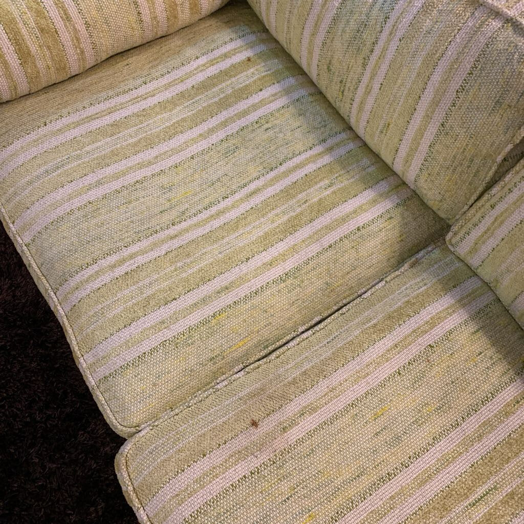 Close-up of a green and beige striped sofa cushion with visible wear.