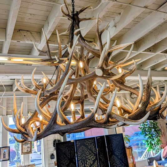 Chandelier made of antlers hanging in a room with wooden beams.