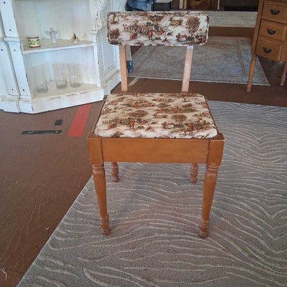 Wooden chair with patterned seat and backrest in a room setting