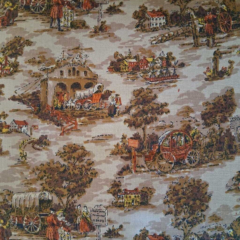 Patterned fabric with vintage-style illustrations of people, wagons, and buildings on a beige background.