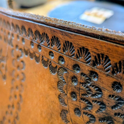 Close-up of a wooden surface with intricate carvings