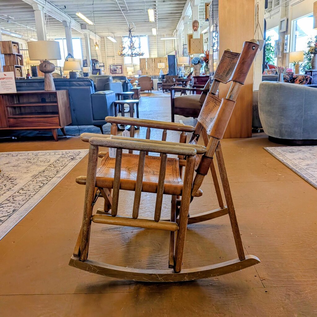 Wooden rocking chair in a furniture store setting