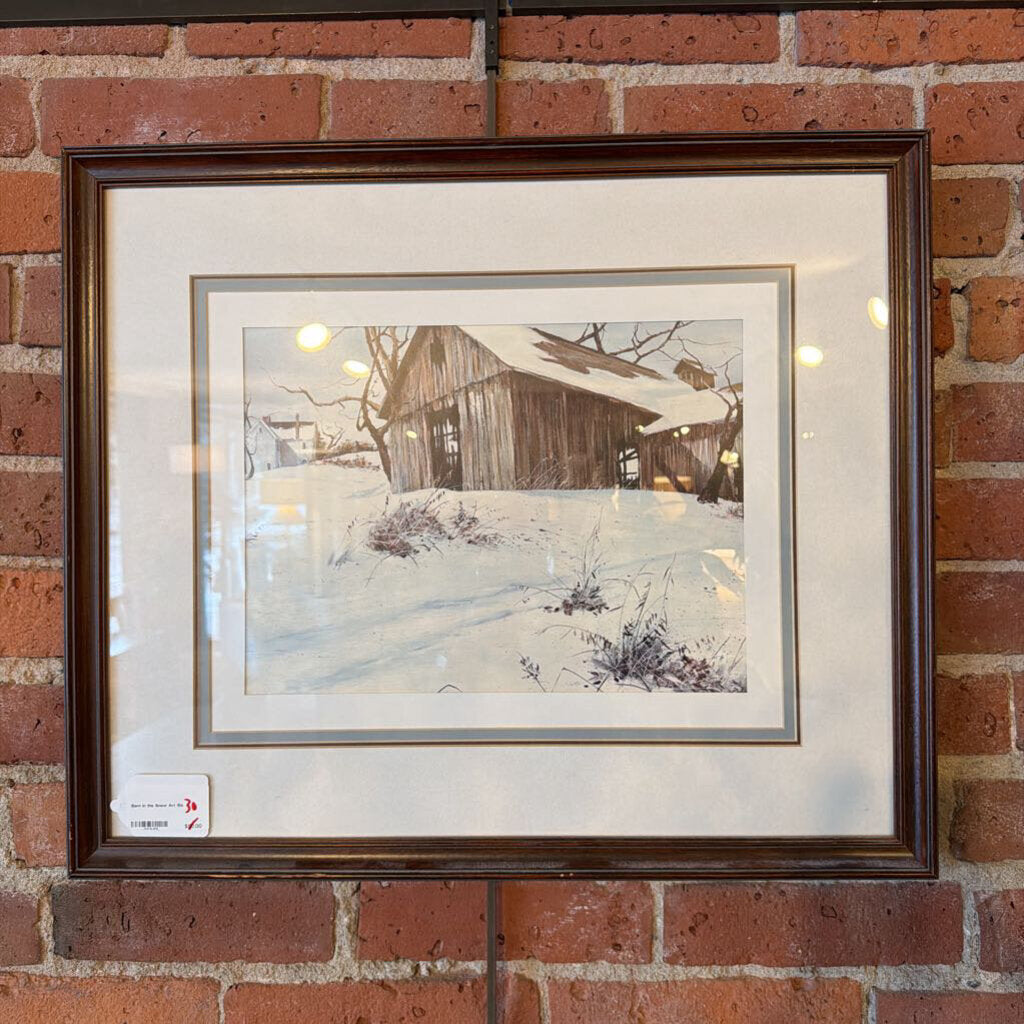  The artwork captures a nostalgic rural scene, focusing on the textured wood of the structure and the soft, rolling drifts of snow that surround it. 