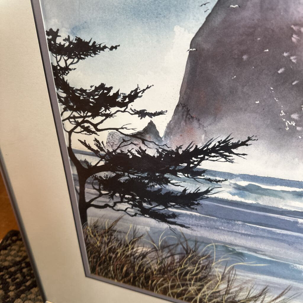 Artistic depiction of a coastal scene with trees, rocks, and water.