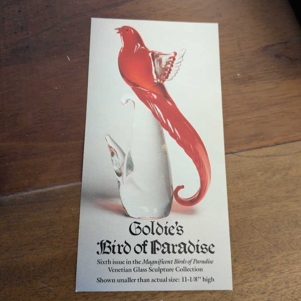Brochure for Goldie's Bird of Paradise sculpture on a wooden surface
