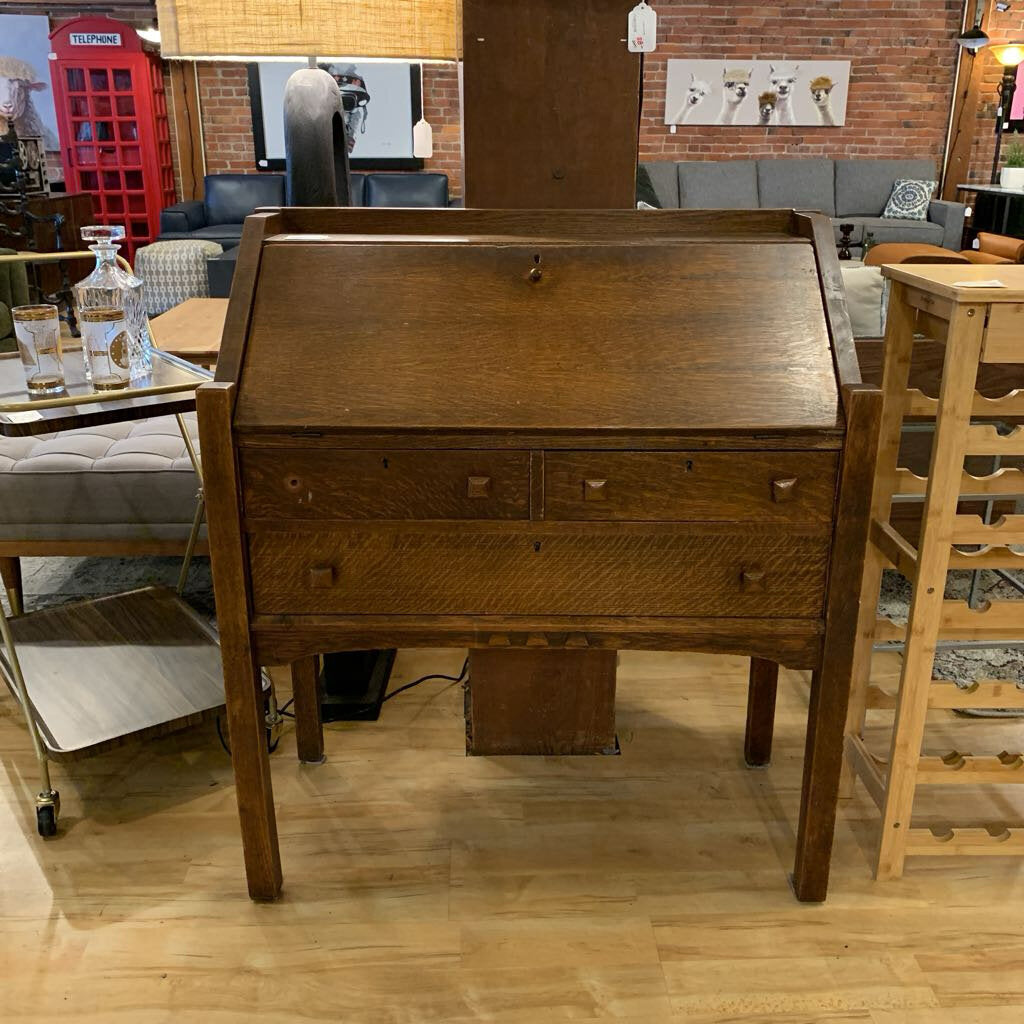 Antique Oak Secretary Desk with Square Knobs