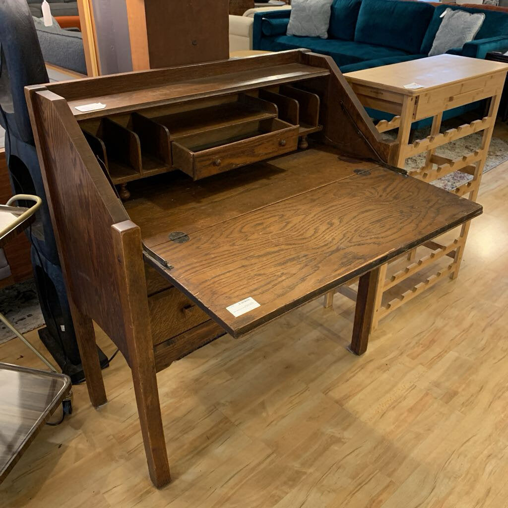 Antique Oak Secretary Desk with Square Knobs