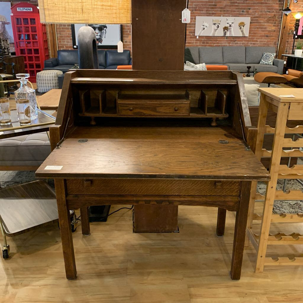 Antique Oak Secretary Desk with Square Knobs