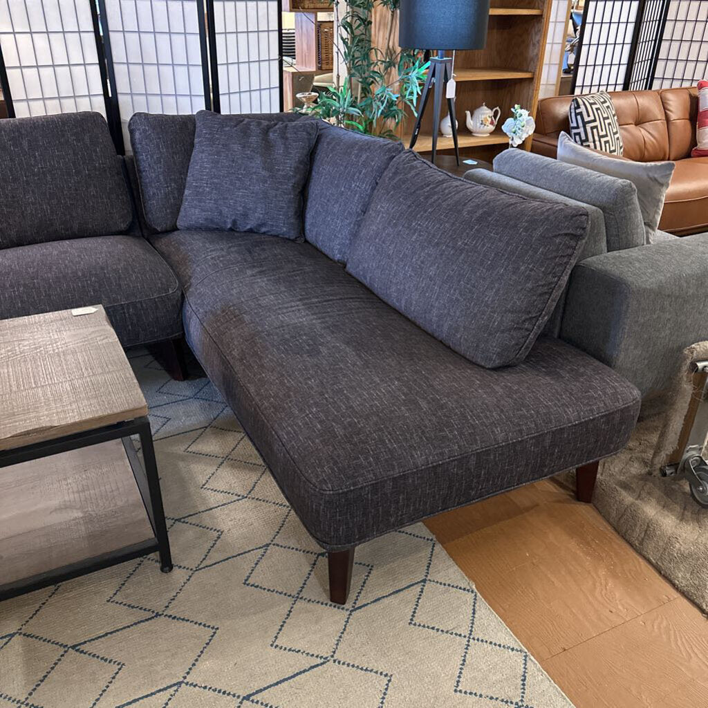 Gray sectional sofa in a living room setting with a rug and furniture.