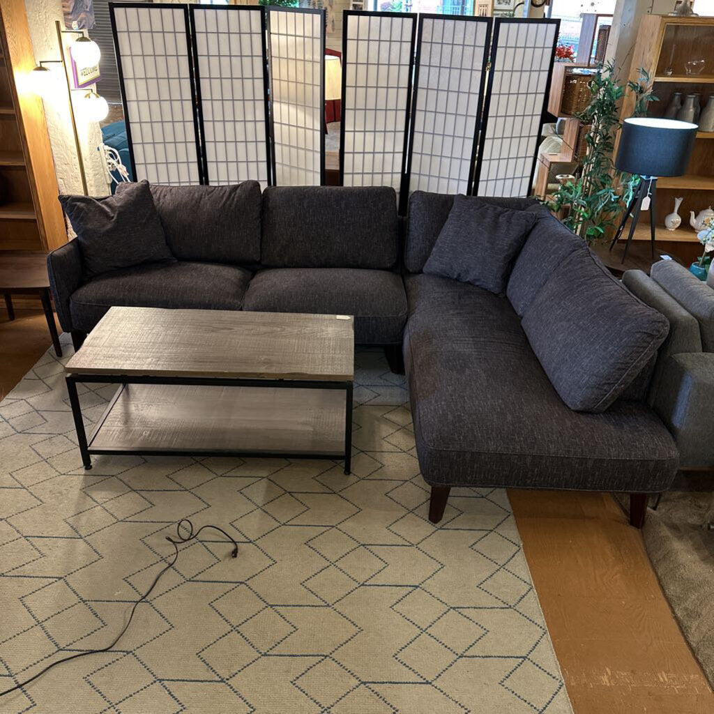 Gray sectional sofa in a room with a geometric patterned rug and a black and white screen.