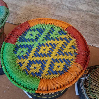 Nepalese Woven Stool – Handcrafted Colorful Rattan Accent Seat UNIQUE FINDS