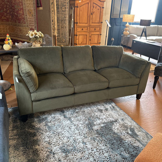 Green sofa in a room with a rug and various decor items.