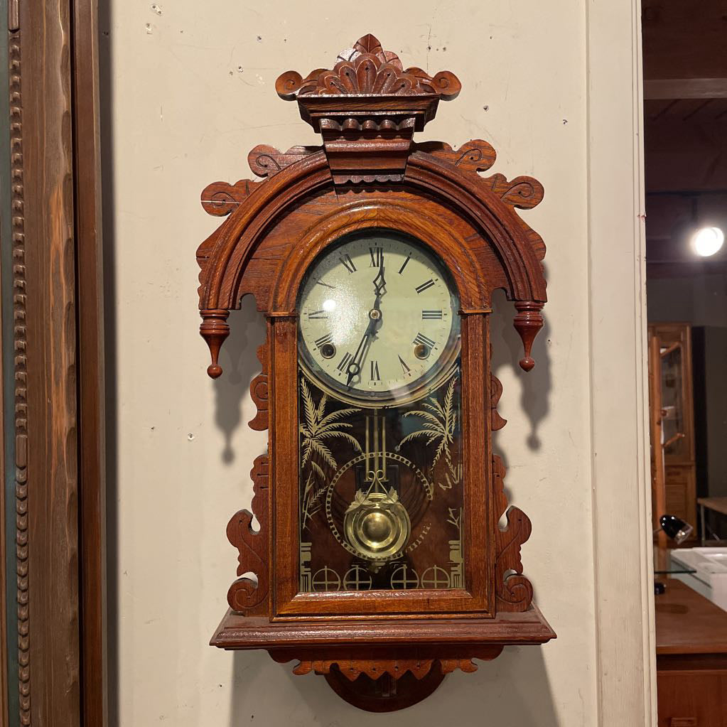 Fancy Carved Wood Antique Clock with Palms Motif on Glass Door SMALLS