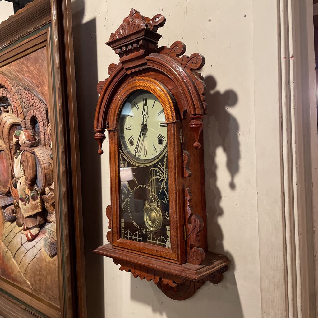 Fancy Carved Wood Antique Clock with Palms Motif on Glass Door SMALLS