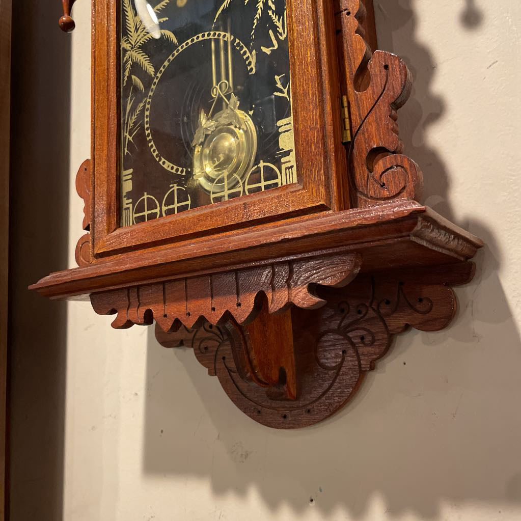 Fancy Carved Wood Antique Clock with Palms Motif on Glass Door SMALLS