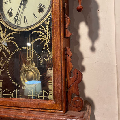 Fancy Carved Wood Antique Clock with Palms Motif on Glass Door SMALLS