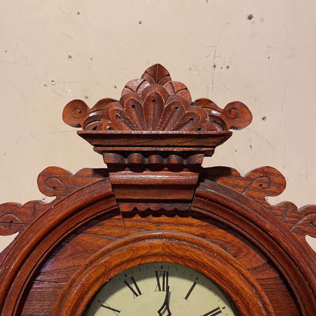 Fancy Carved Wood Antique Clock with Palms Motif on Glass Door SMALLS
