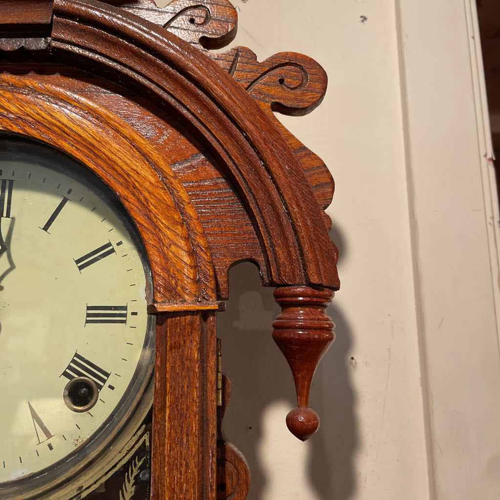 Fancy Carved Wood Antique Clock with Palms Motif on Glass Door SMALLS