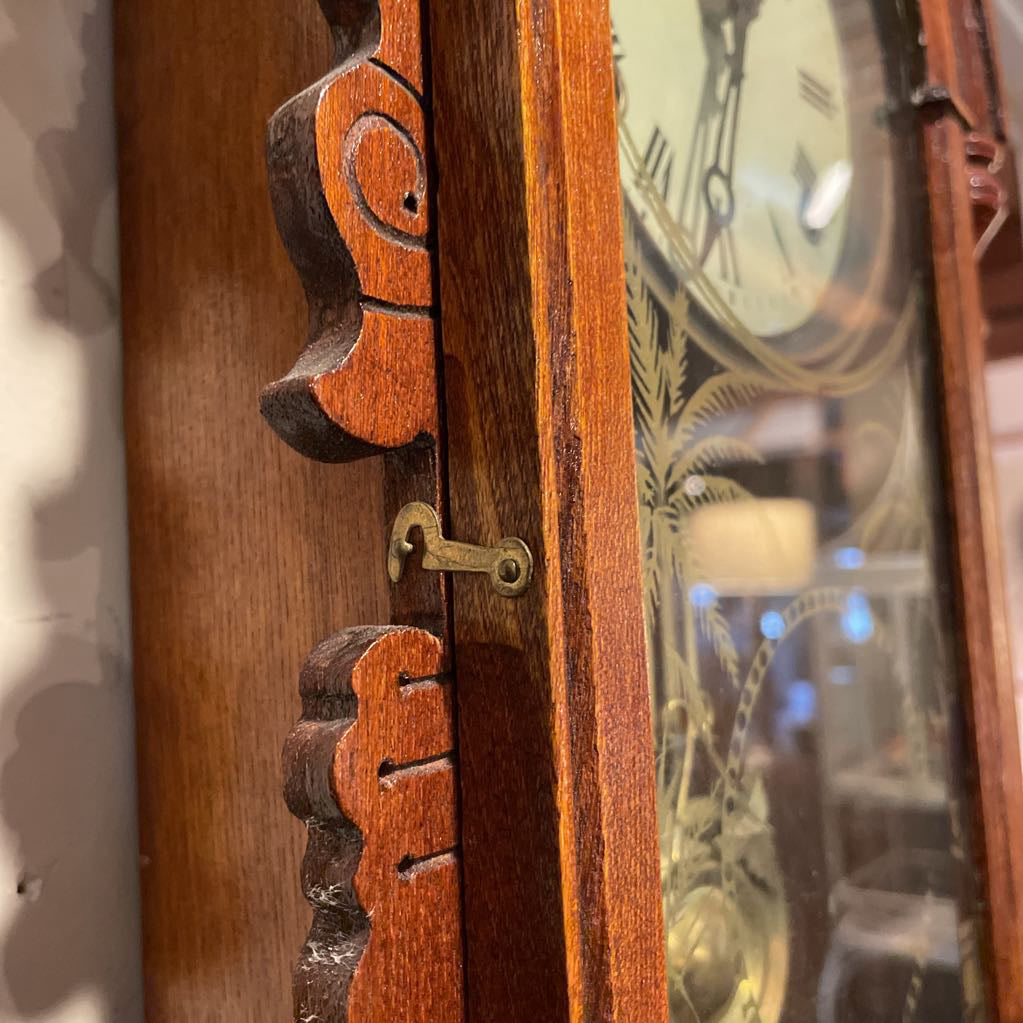 Fancy Carved Wood Antique Clock with Palms Motif on Glass Door SMALLS
