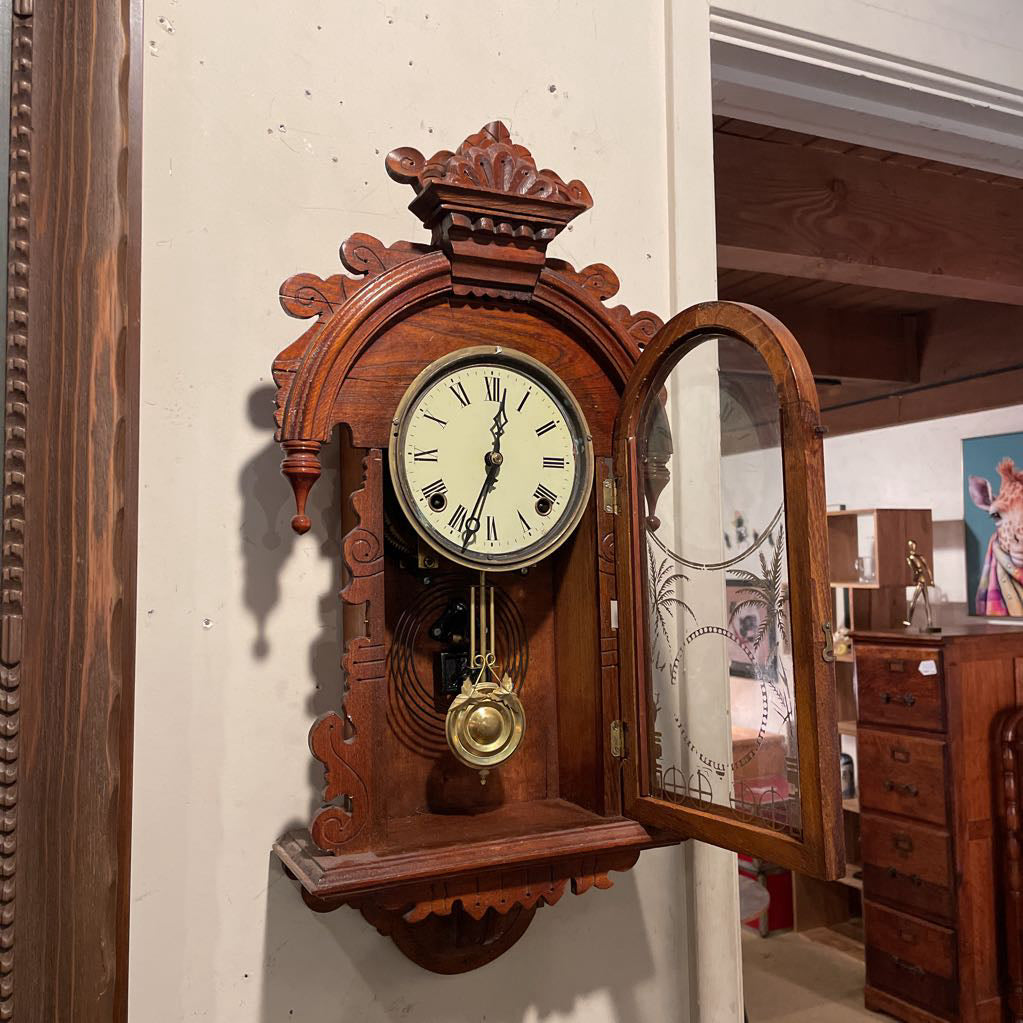 Fancy Carved Wood Antique Clock with Palms Motif on Glass Door SMALLS