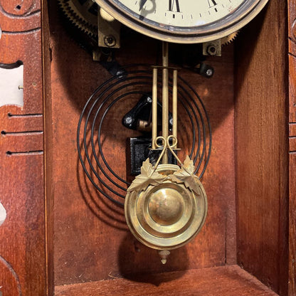 Fancy Carved Wood Antique Clock with Palms Motif on Glass Door SMALLS