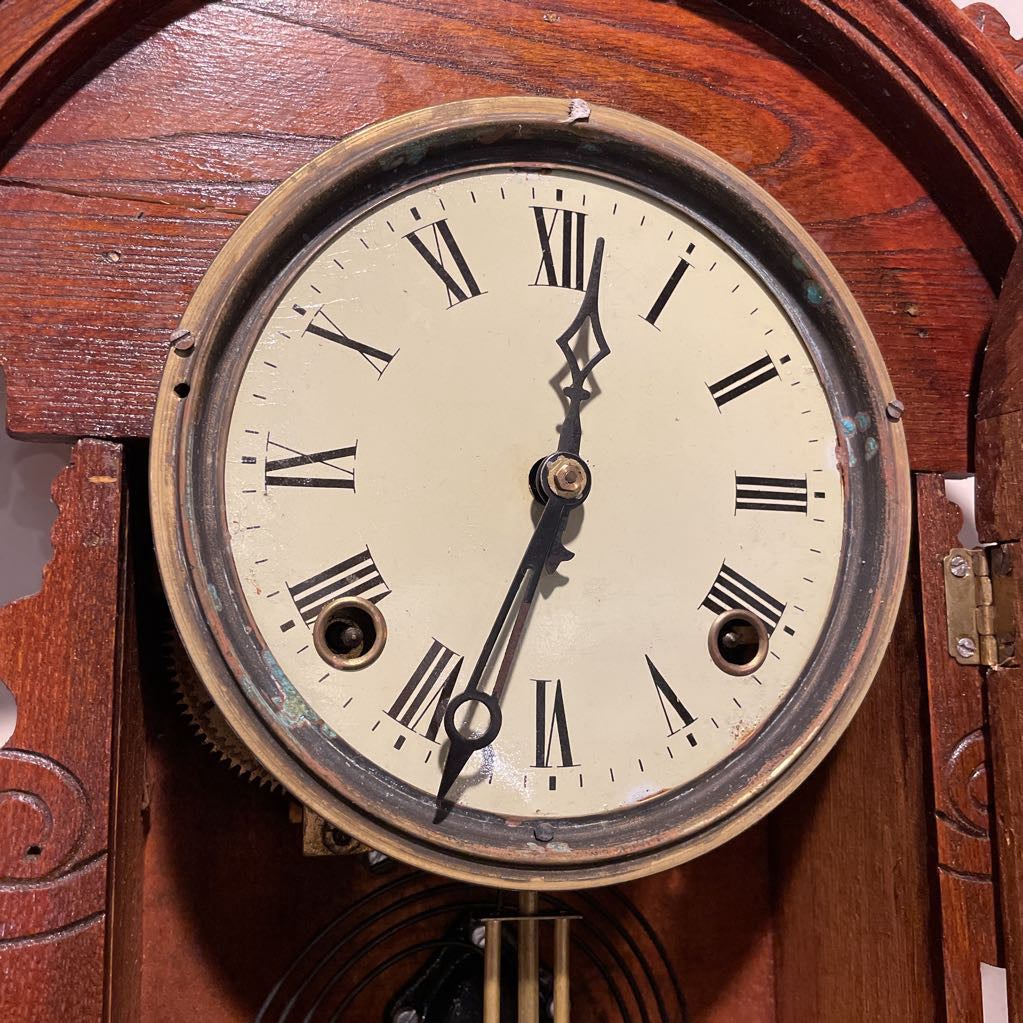 Fancy Carved Wood Antique Clock with Palms Motif on Glass Door SMALLS