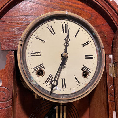 Fancy Carved Wood Antique Clock with Palms Motif on Glass Door SMALLS