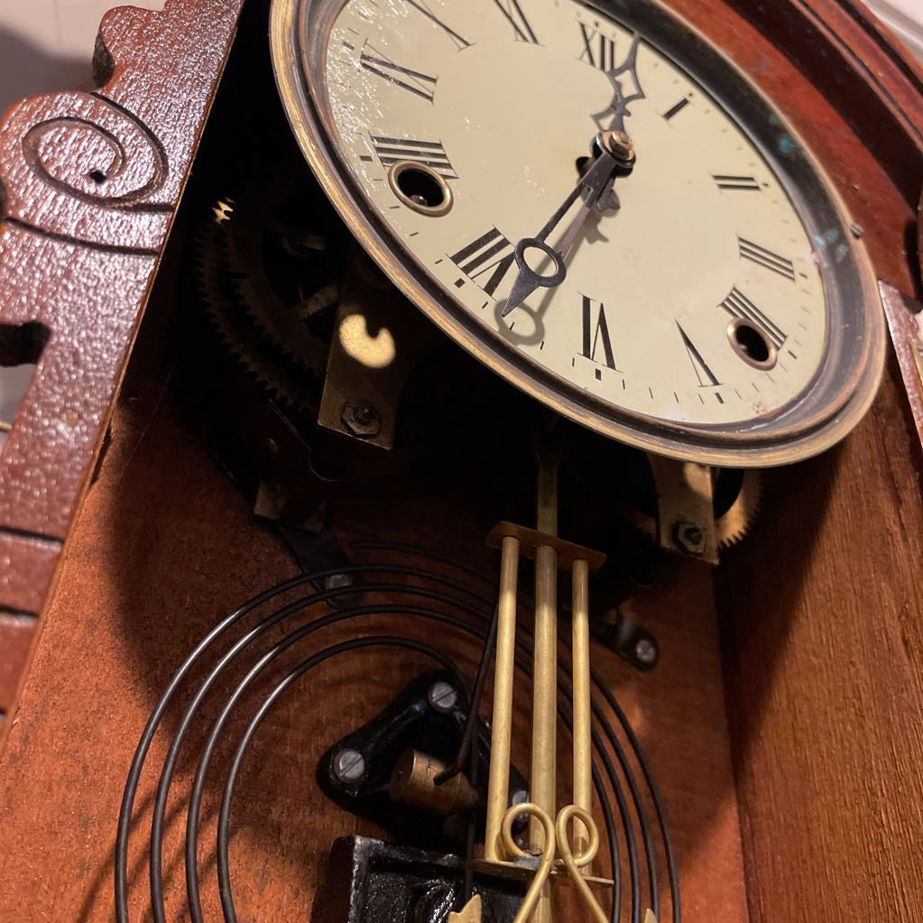 Fancy Carved Wood Antique Clock with Palms Motif on Glass Door SMALLS