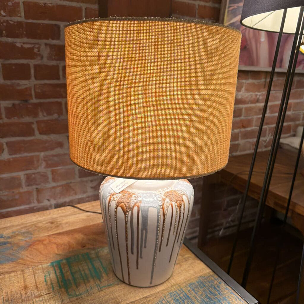 White Ceramic Lamp with Brown & Grey "Drips"
