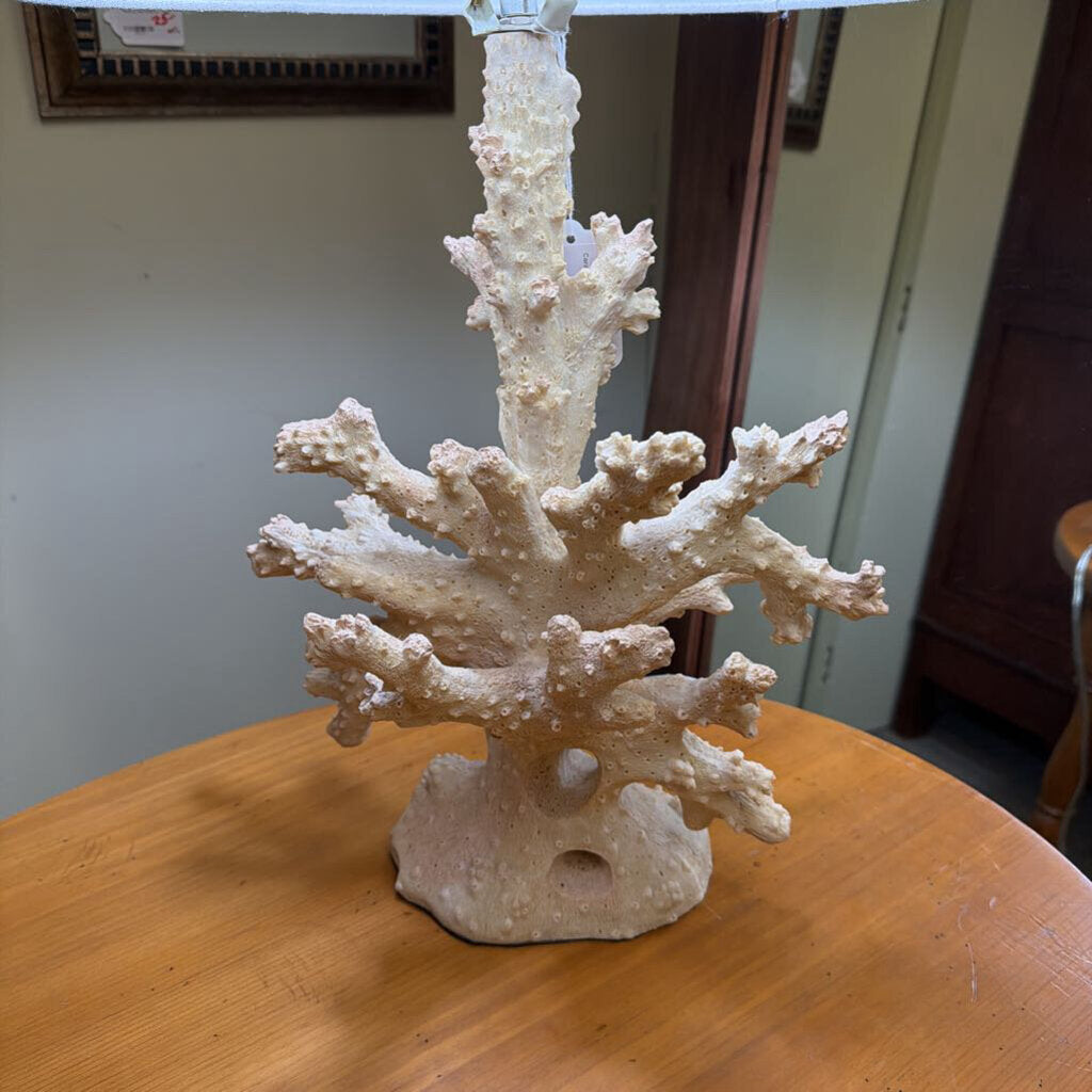 Coral-like sculpture on a wooden surface with a neutral background