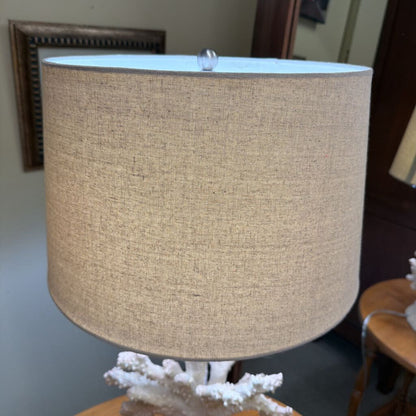 Lamp with a beige fabric shade on a decorative base in an indoor setting