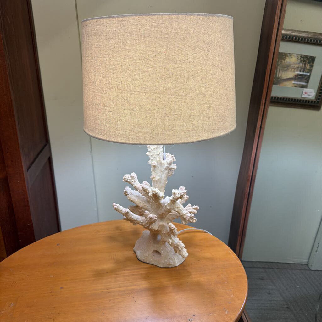 Lamp with coral base on a wooden surface