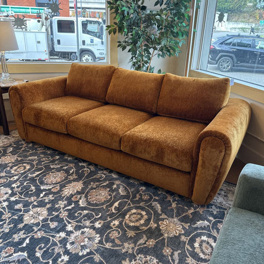 Brown sofa on a patterned rug with a window in the background