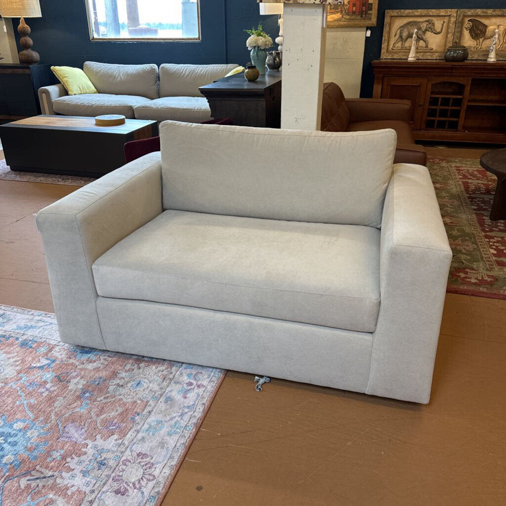 Light gray sofa in a living room setting with a rug and furniture.