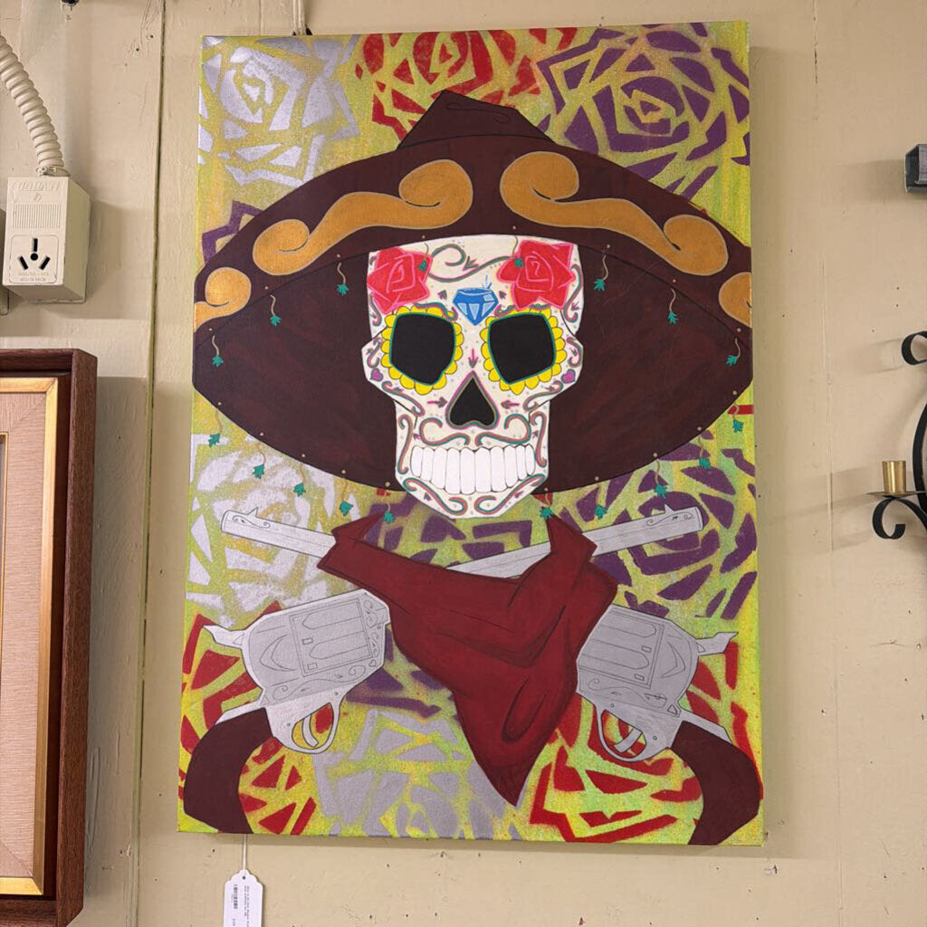 Colorful painting of a skull with a sombrero and revolvers on a patterned background.