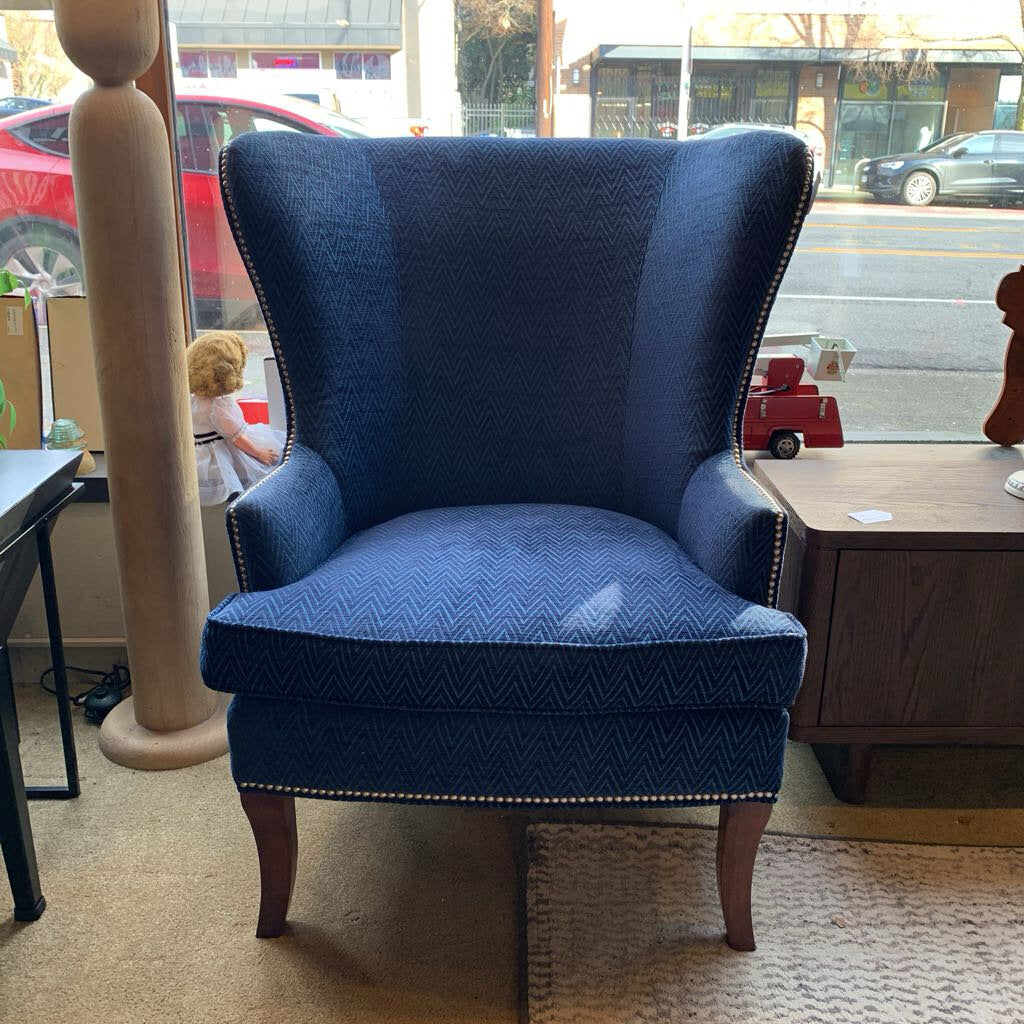 Blue Chevron Studded Wingback Chair