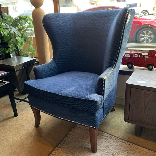 Blue Chevron Studded Wingback Chair