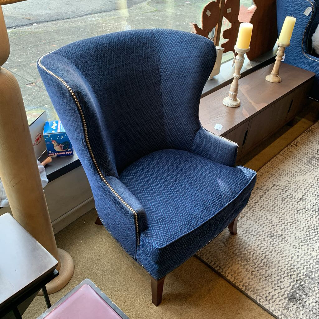 Blue Chevron Studded Wingback Chair