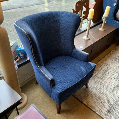 Blue Chevron Studded Wingback Chair