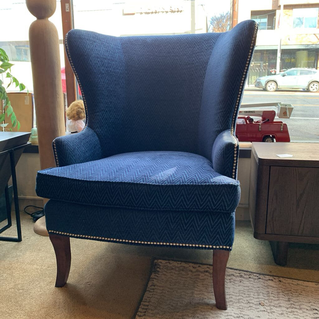 Blue Chevron Studded Wingback Chair